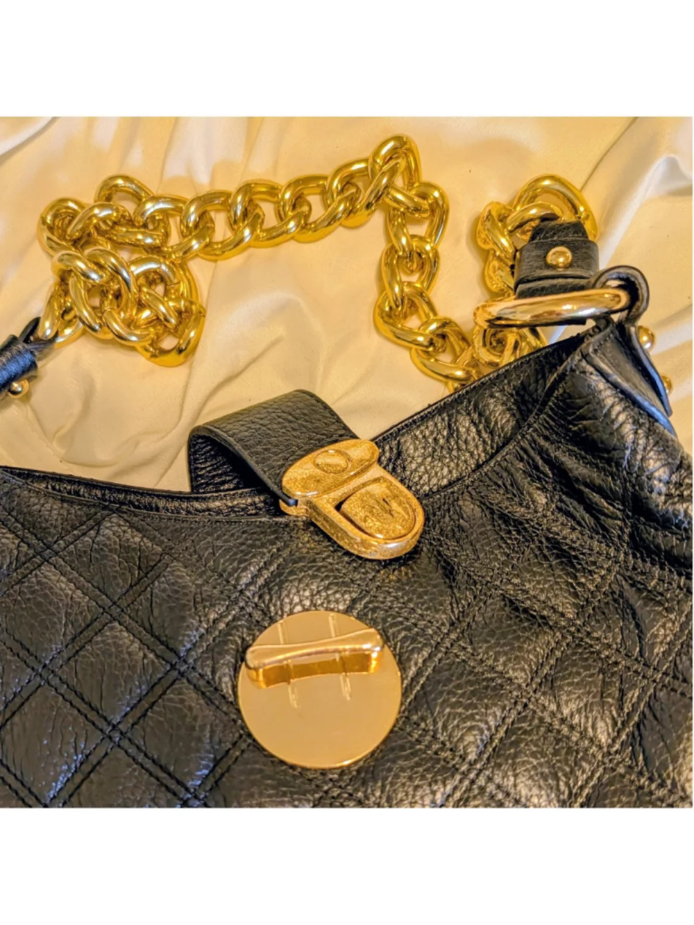 Y2K Quilted Leather Chain Shoulder Bag Black Gold Hardware Designer Inspired